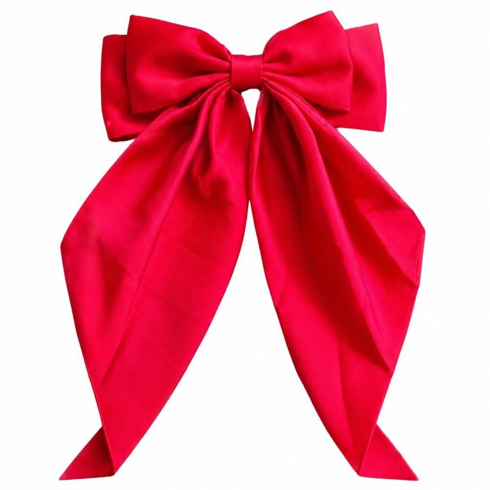 Oversized Red Satin Ribbon Hair Bow - Holiday French Barrette